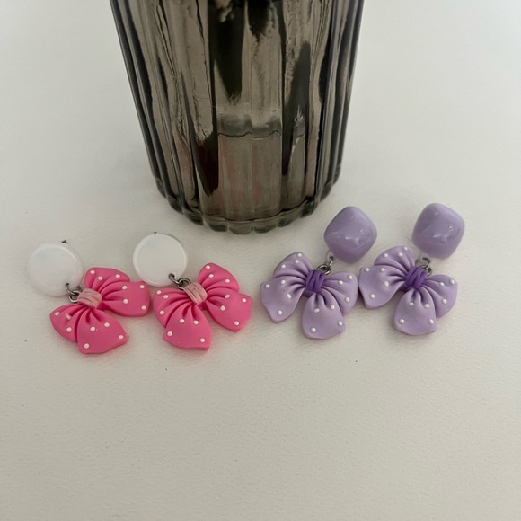 Cute Lolita Pink & Purple Bow Dangle Earrings Set - Polka-dot Bow Earrings - Picture 5 of 17